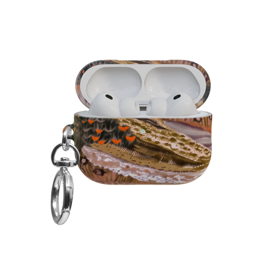 Terracotta Abstract Landscape airpods pro case front view with open lid and keychain
