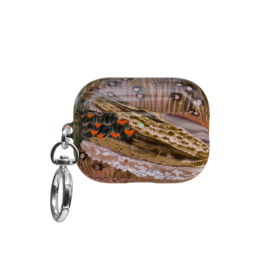 Terracotta Abstract Landscape airpods pro case front view with closed lid and keychain
