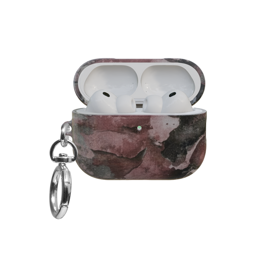 Gray Mauve Marble airpods pro case front view with open lid and keychain