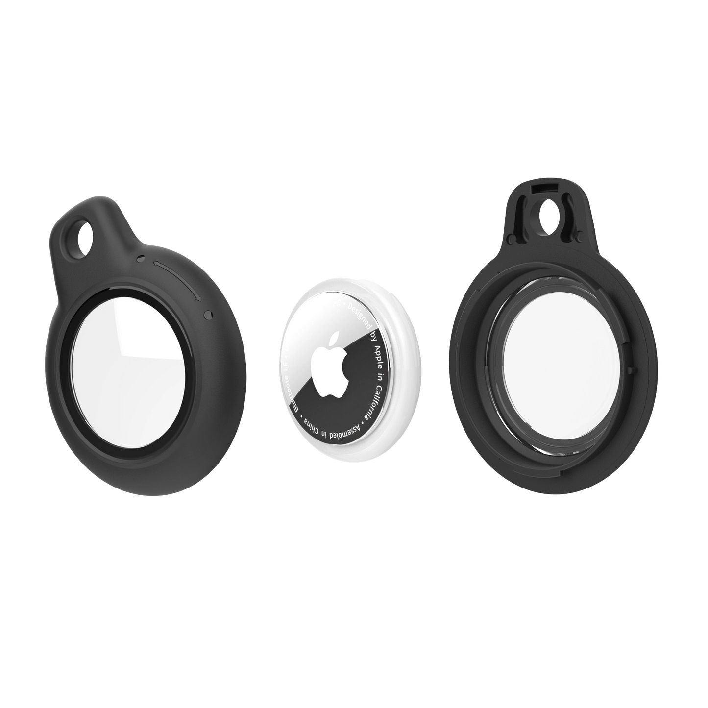 Black AirTag Case - Waterproof Secure Holder with Key Ring shown disassembled. Includes front, back covers, and AirTag for easy installation.