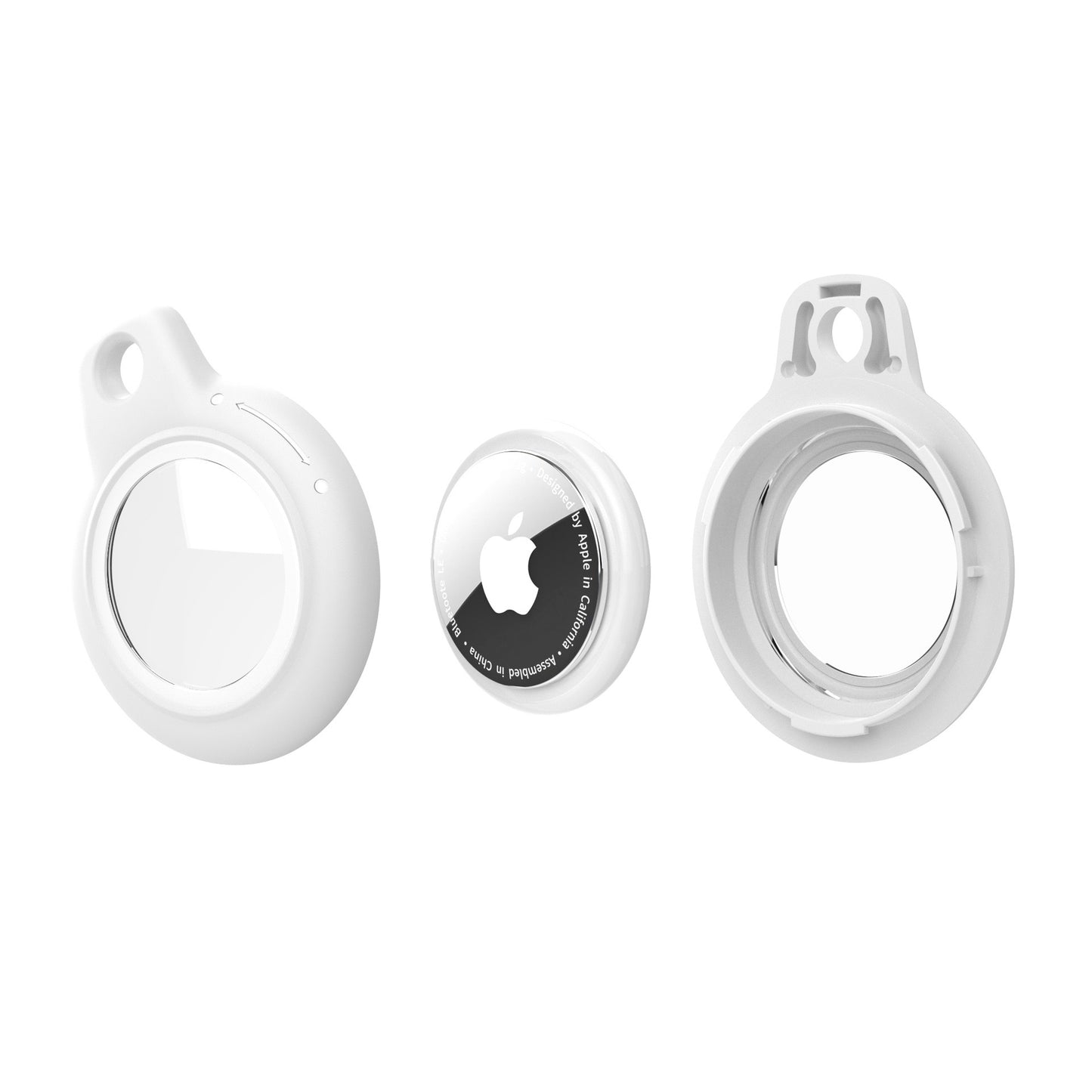 White AirTag Case - Waterproof Secure Holder with Key Ring disassembled. Includes AirTag and silicone case components for secure installation.
