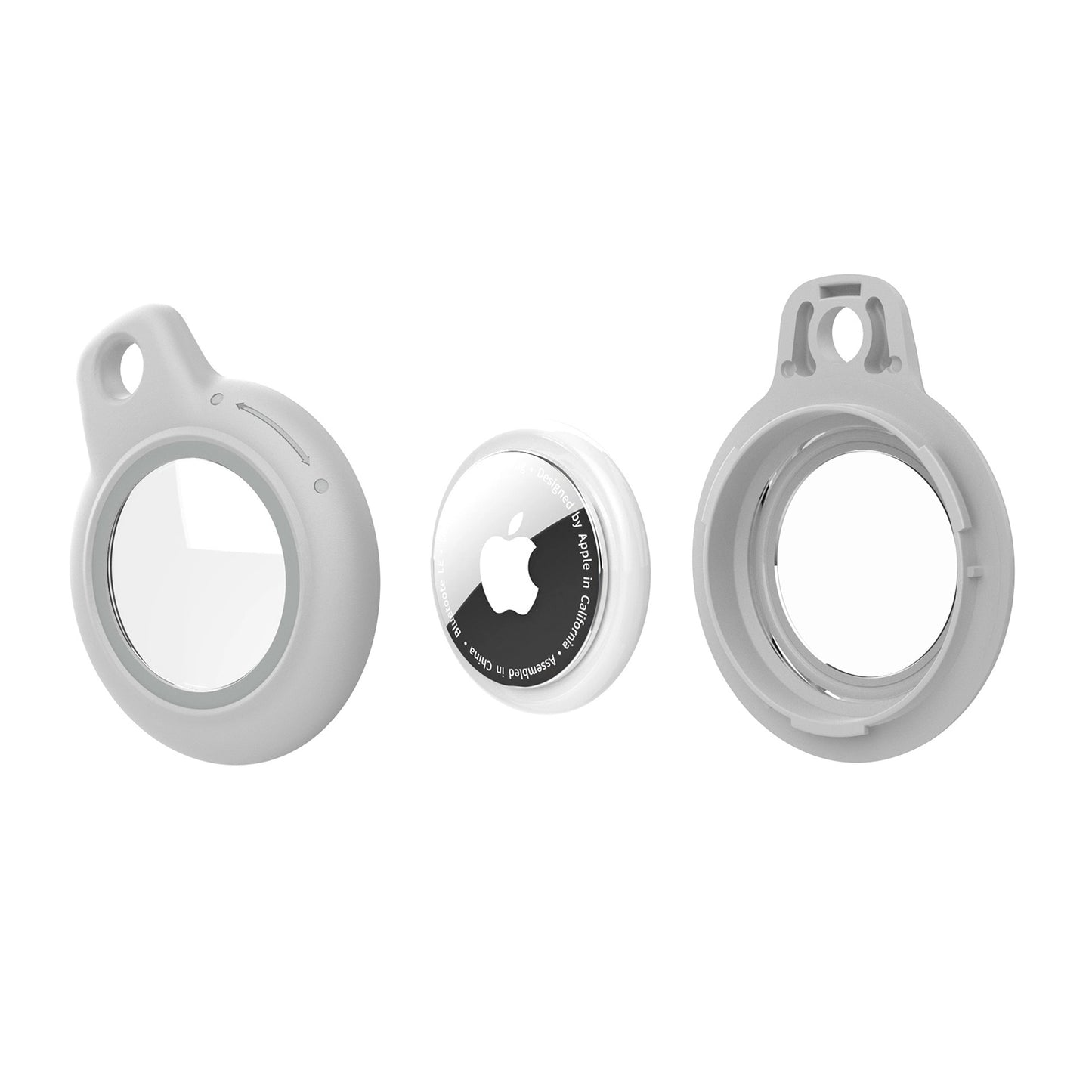 Gray AirTag Case - Waterproof Secure Holder with Key Ring shown disassembled. Simple and secure GPS accessory case.
