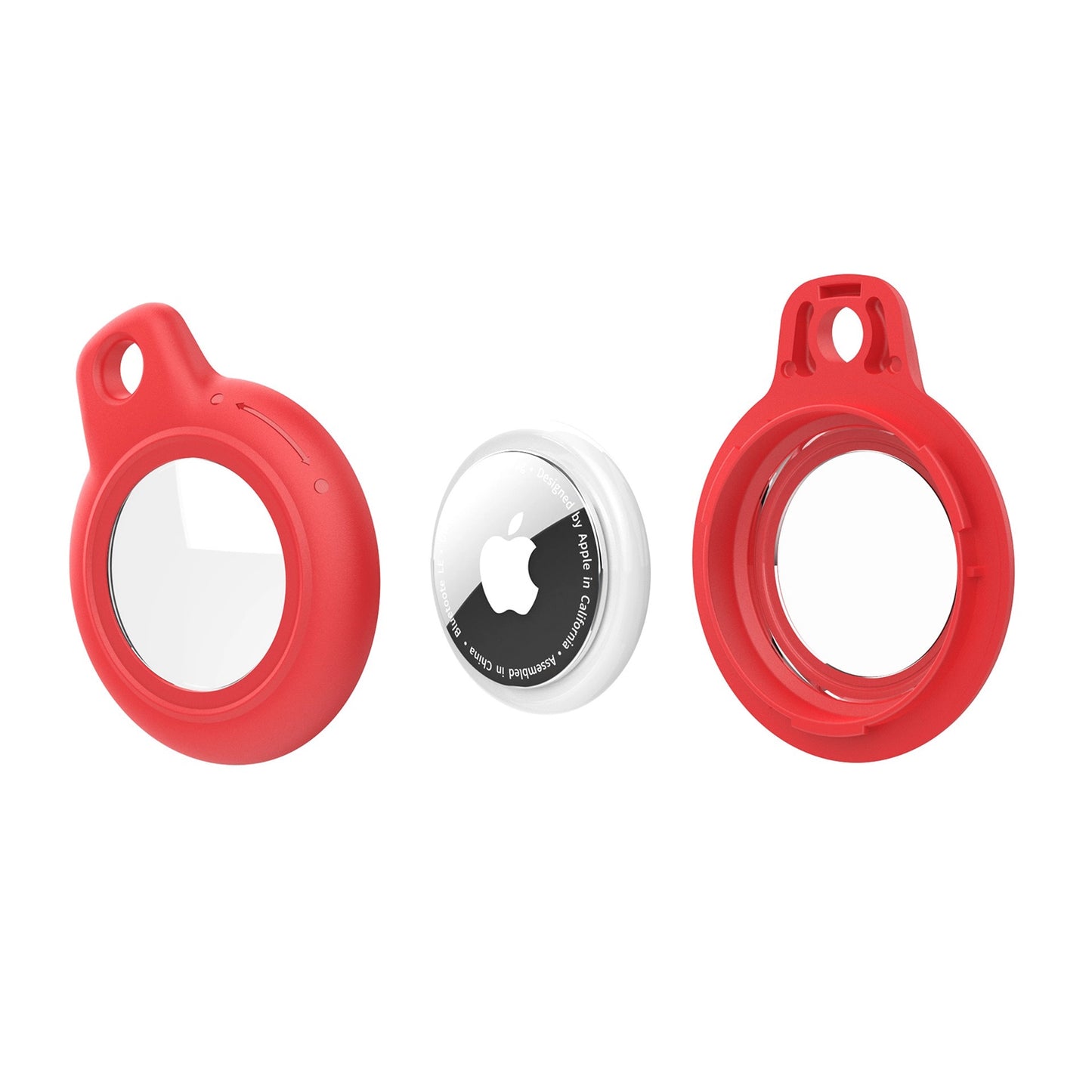 Red AirTag Case - Waterproof Secure Holder with Key Ring shown in parts. Easy assembly for secure AirTag protection.