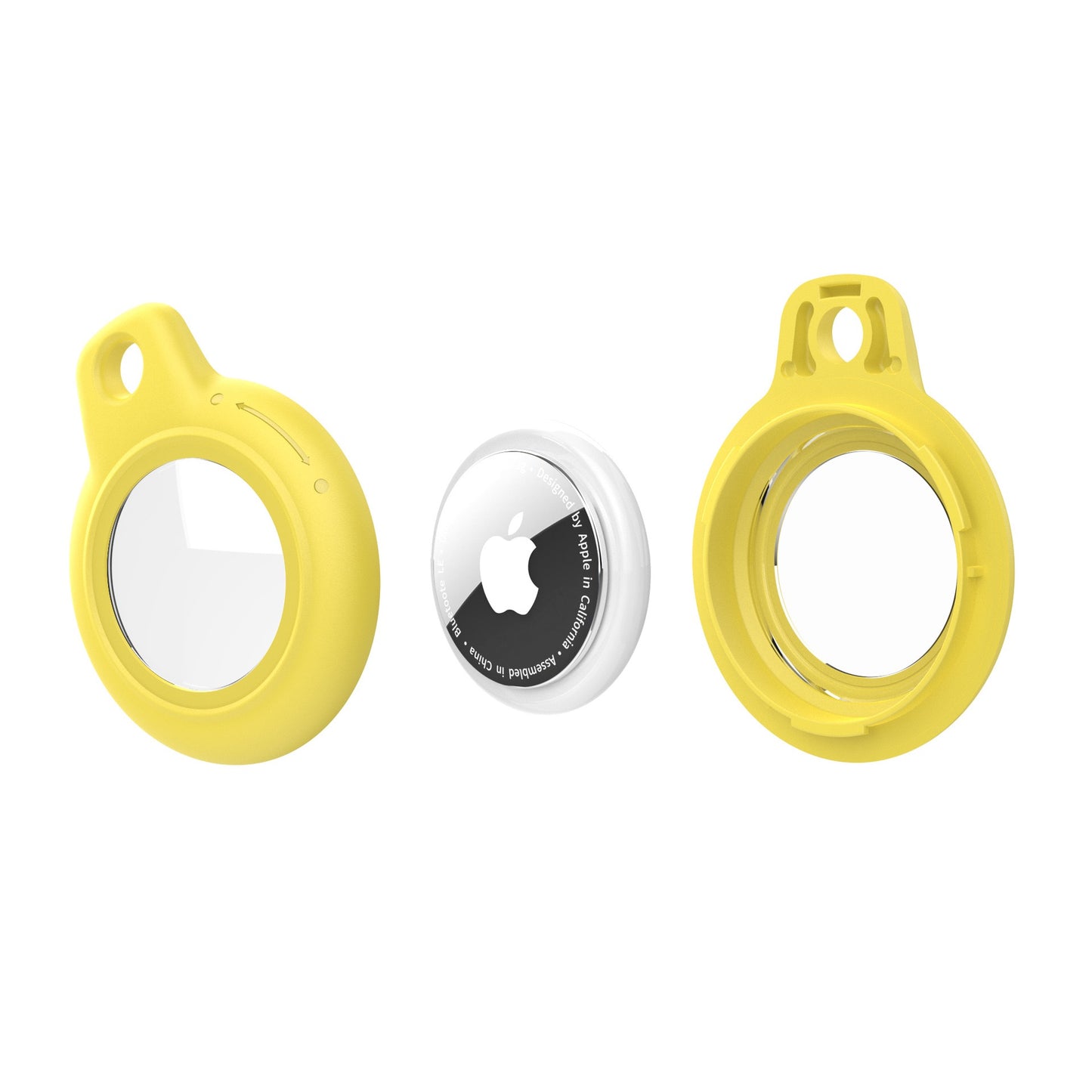 Yellow AirTag Case - Waterproof Secure Holder with Key Ring disassembled. Includes AirTag and protective case parts for easy setup.