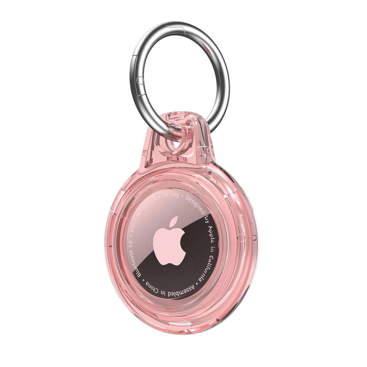 AirTag Case - Waterproof Secure Holder with Key Ring in transparent pink, designed for scratch protection and easy attachment to keys or bags.