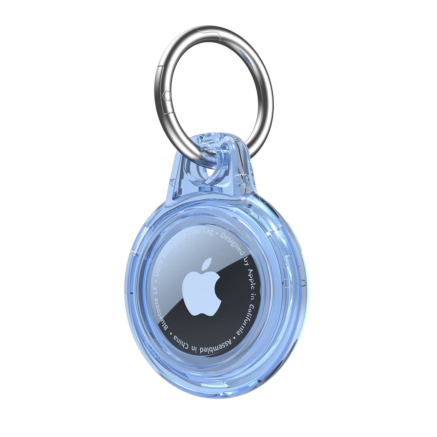 Clear blue AirTag case with a silver keyring attachment for easy carrying