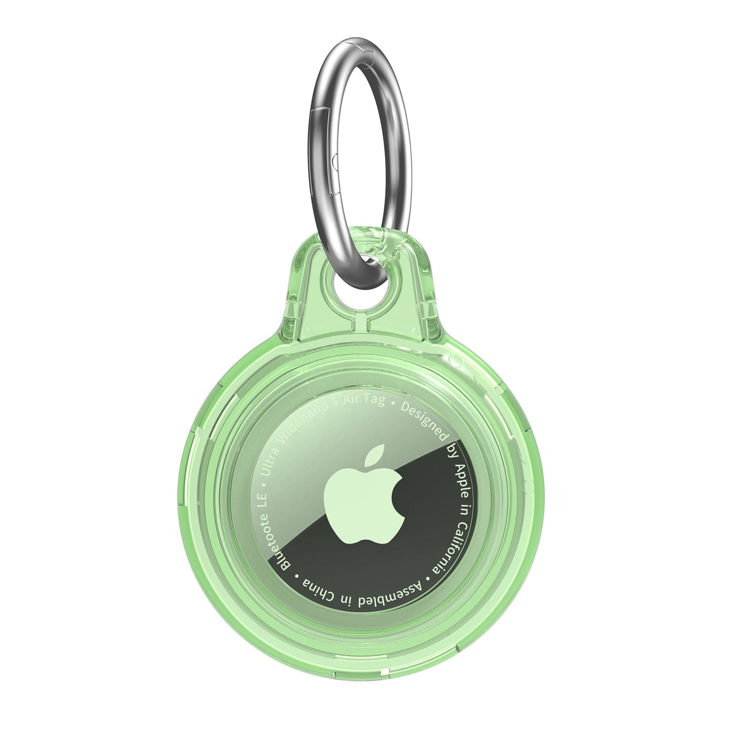 Clear green AirTag case with a secure keyring attachment for easy carrying and protection