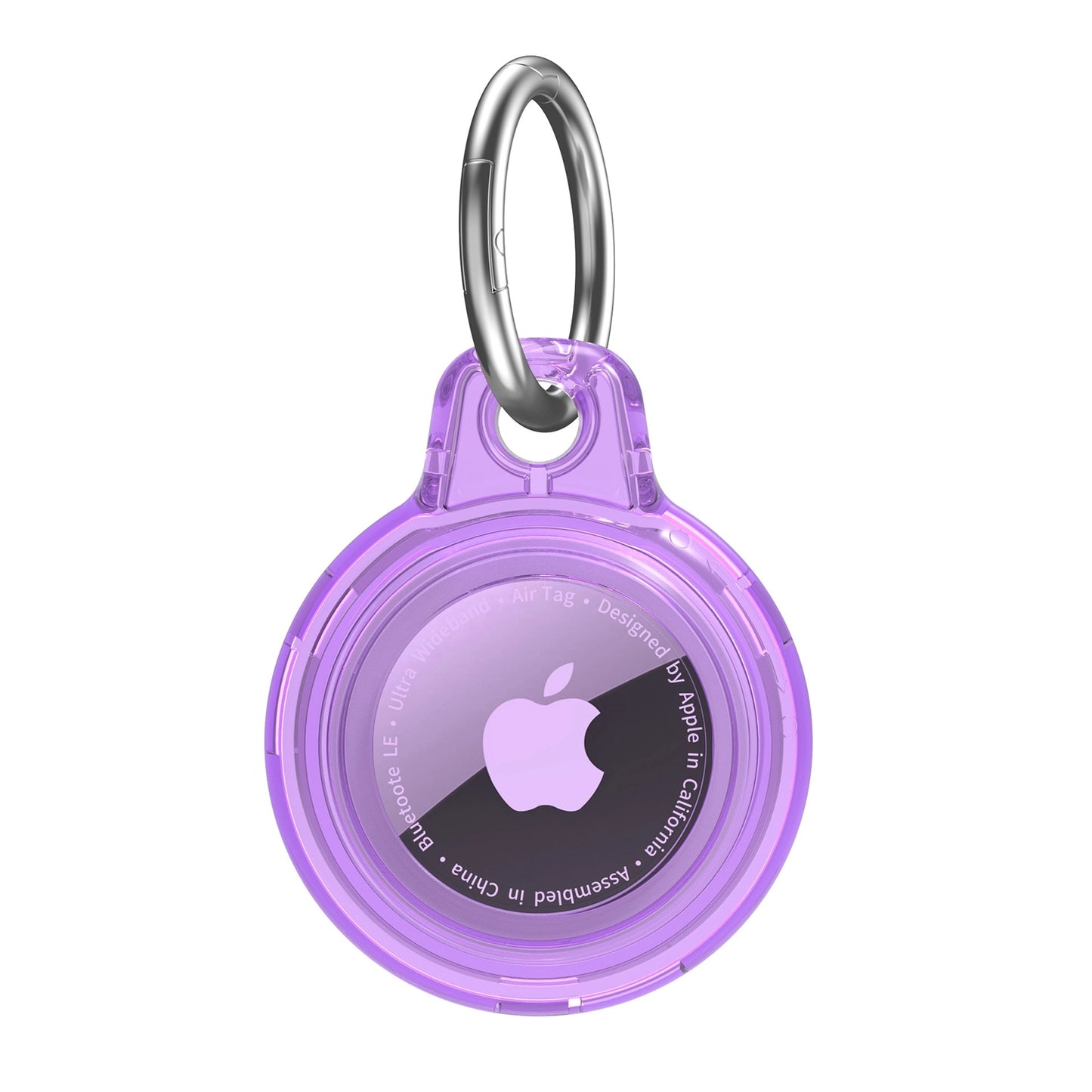 Purple AirTag case with a clear design and metal keyring for secure attachment