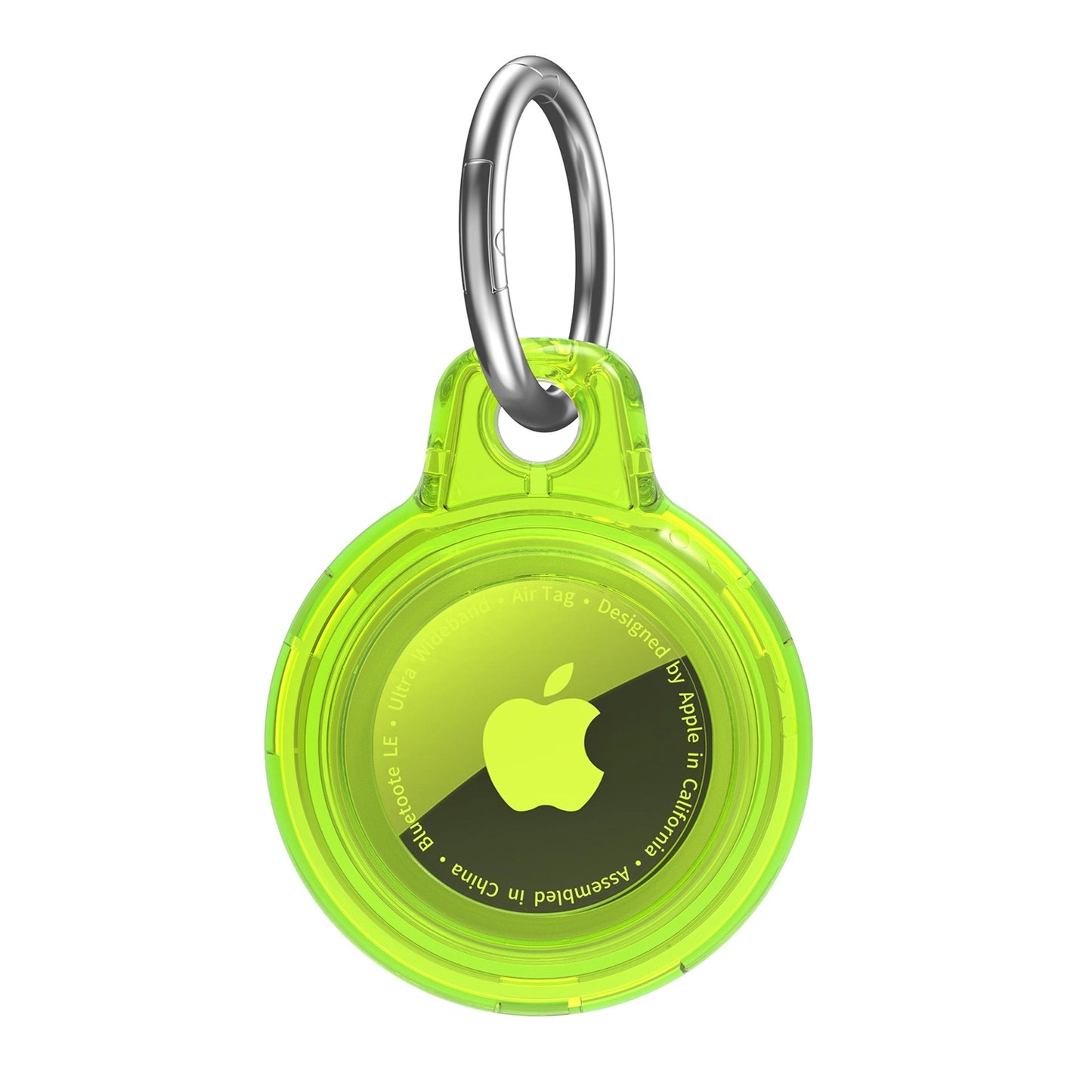 Bright green AirTag case with a secure keyring attachment for easy carrying