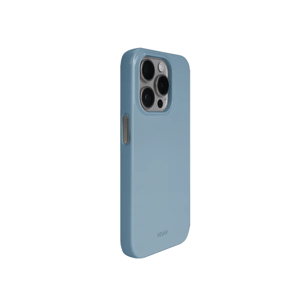 Angled view of KELAB solid color blue phone case showing glossy finish and durable build for minimalist iPhone users.