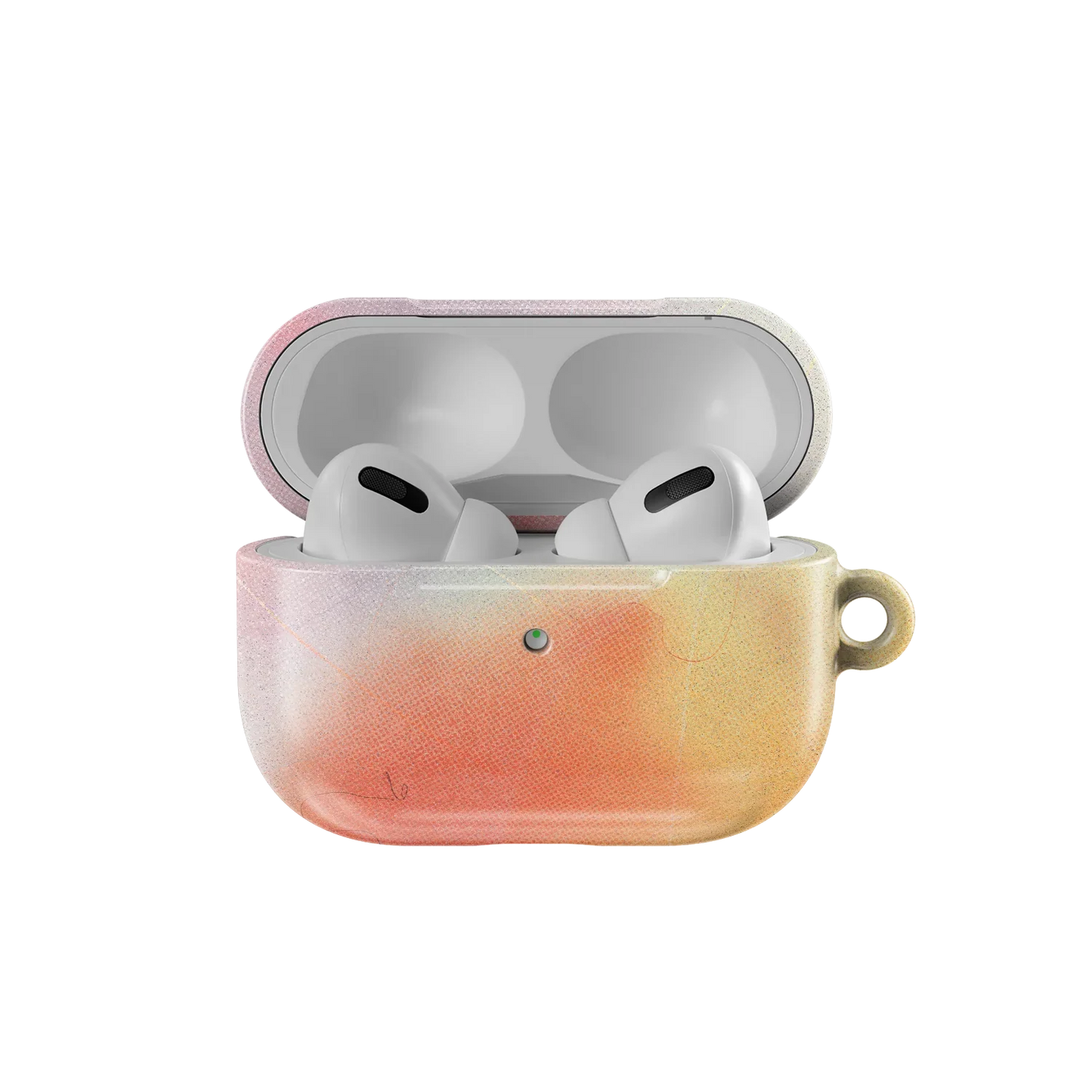 Open Cute AirPods Case in Pink Purple gradient showing AirPods inside. Protective and colorful case for AirPods 1 to Pro models.