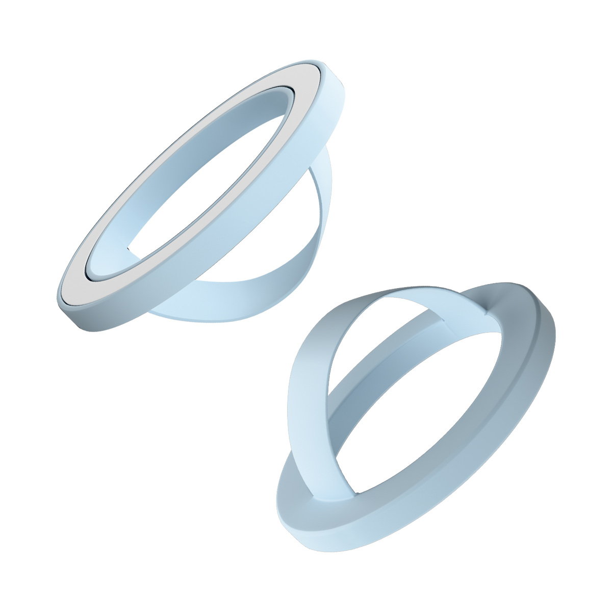 Front and back of the baby blue matte liquid silicone magnetic ring and finger loop