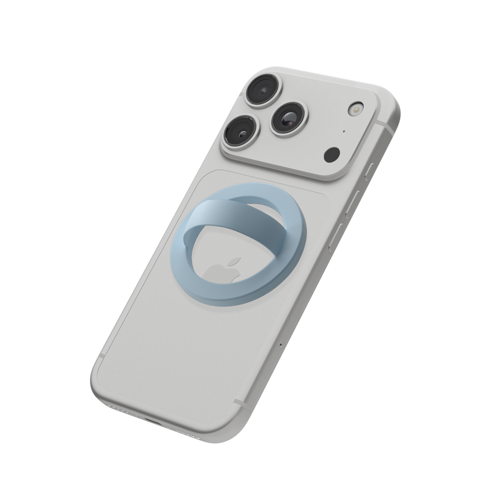 Baby blue MagSafe loop grip attached to the back of an iPhone