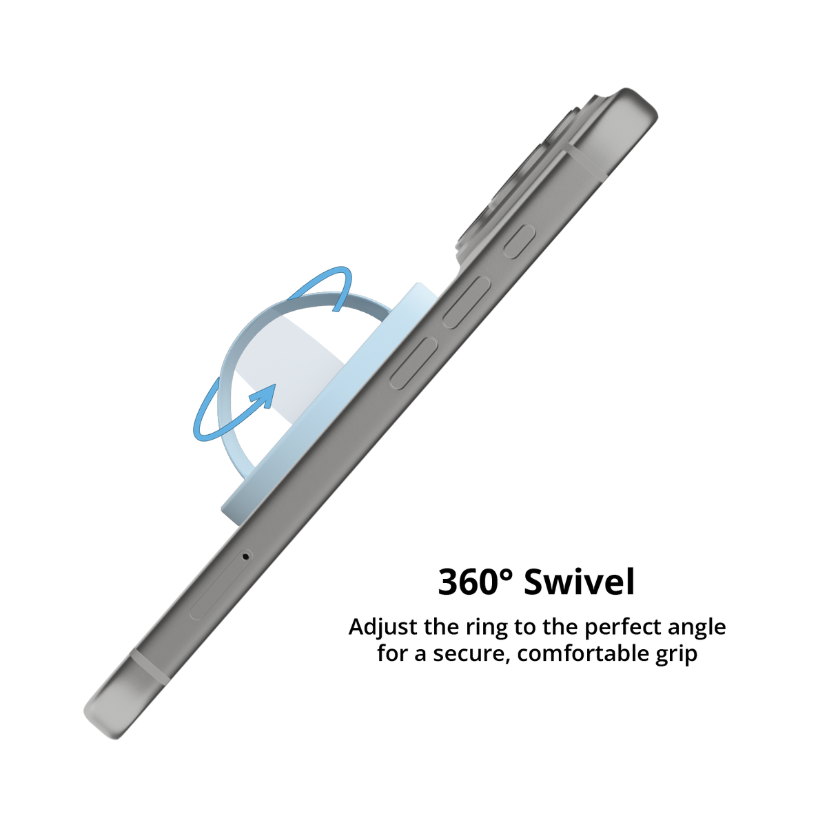 Baby blue MagSafe grip ring swiveling 360 degrees on an iPhone