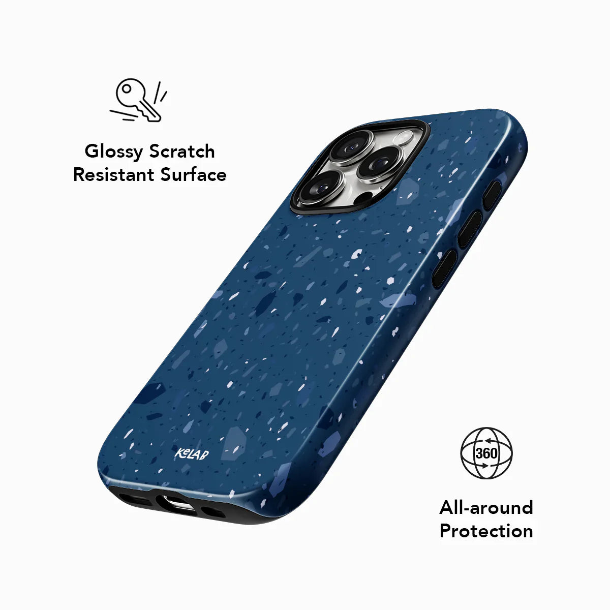 Glossy scratch-resistant navy terrazzo phone case with 360° all-around protection and cosmic speckle design for iPhone models.