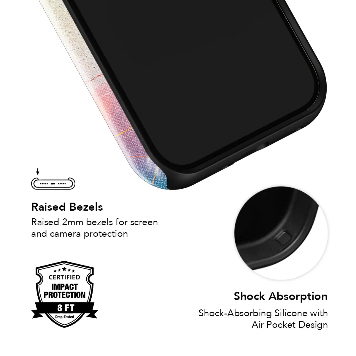 Shock-absorbing iPhone case with raised bezels and air pocket design for 8ft certified impact protection, featuring colorful cute design.