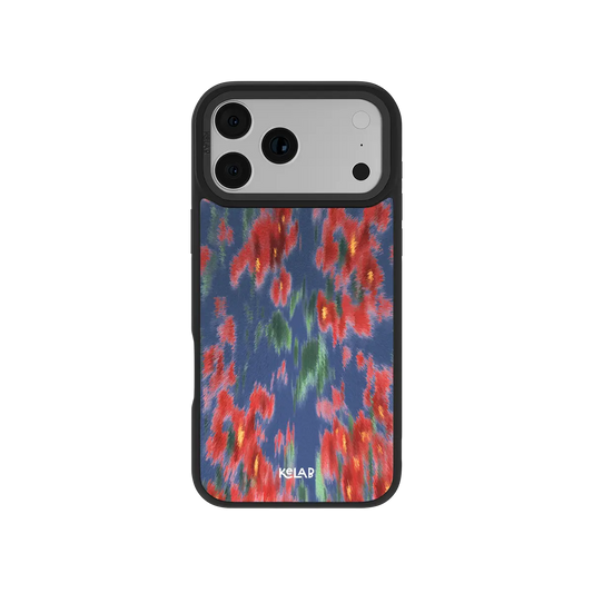 Floral blue and red iPhone Case with black trim around camera lenses by KELAB
