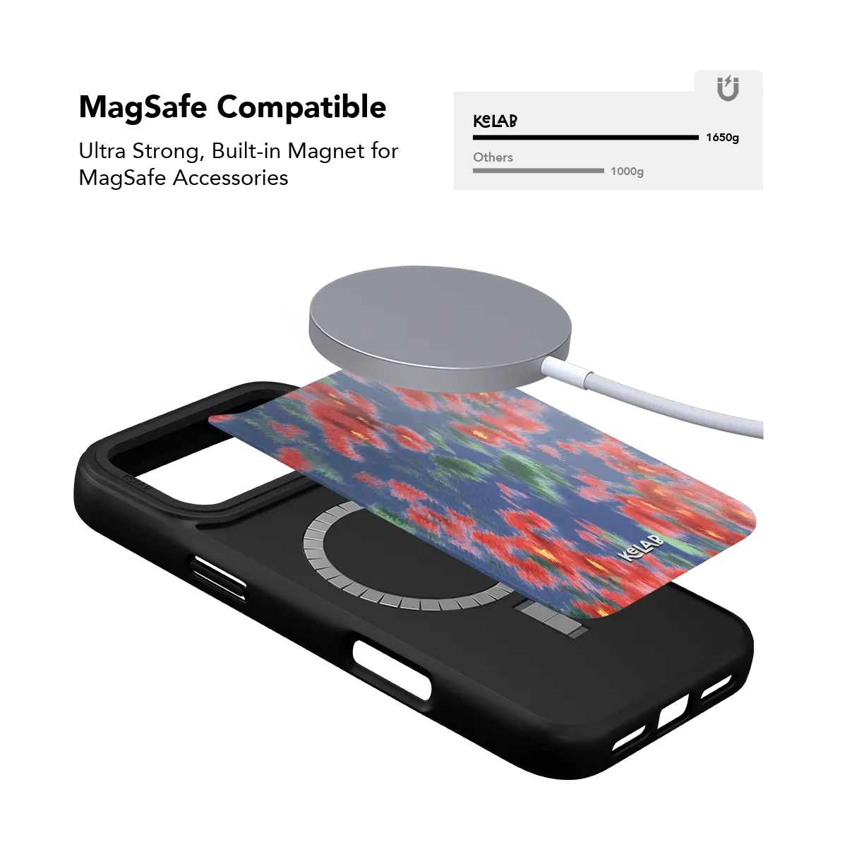KELAB iPhone Case black floral pattern with MagSafe ring and colorful resin strip