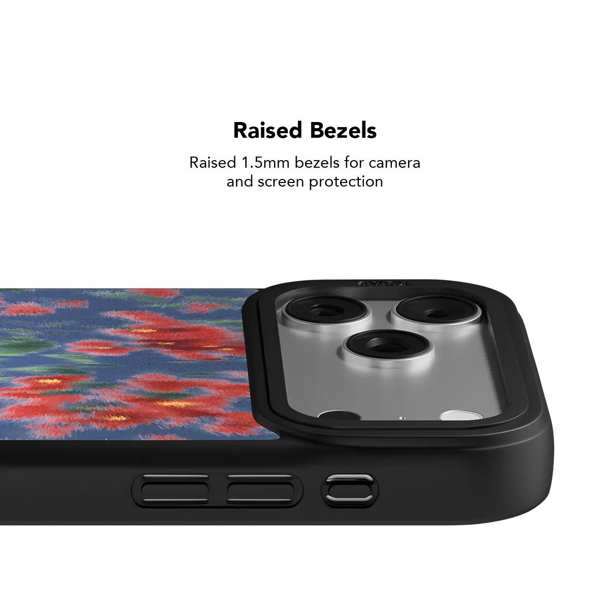 Rugged black KELAB iPhone Case with three camera lens openings and raised edge protection