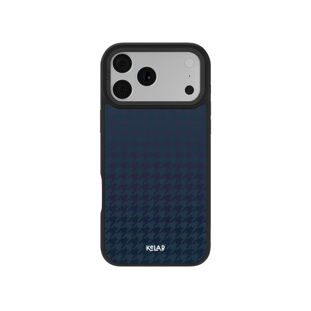 Gradient blue textured KELAB iPhone Case with textile pattern and dark bumper edges