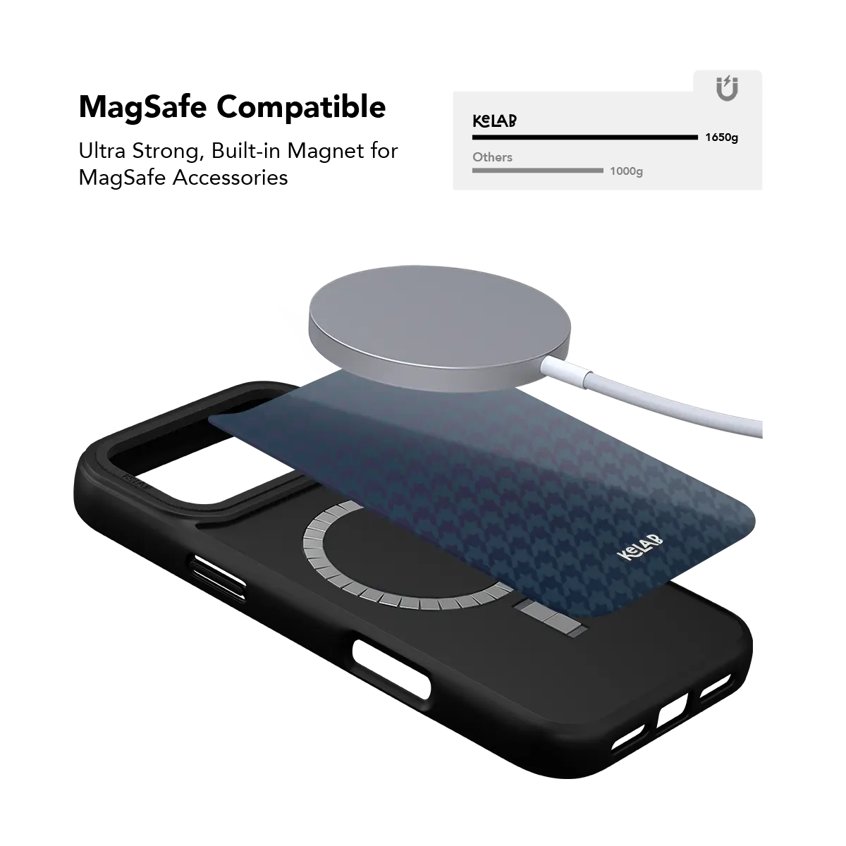 Blue gradient KELAB iPhone Case with MagSafe ring and brand logo on black phone back