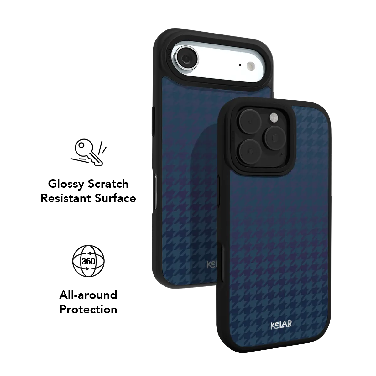 Gradient blue KELAB iPhone Case with black edges and houndstooth pattern on two phone cases