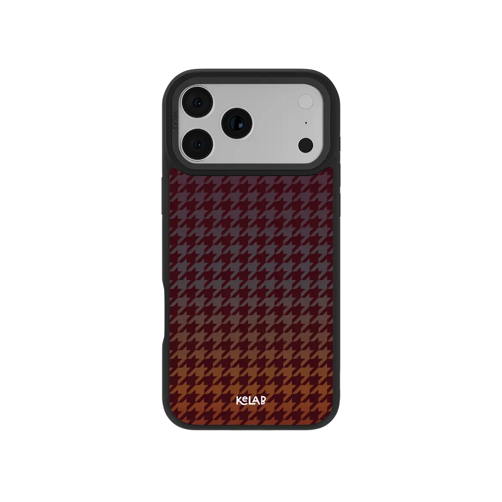 Houndstooth burgundy KELAB iPhone Case with camera openings and textured pattern on white background