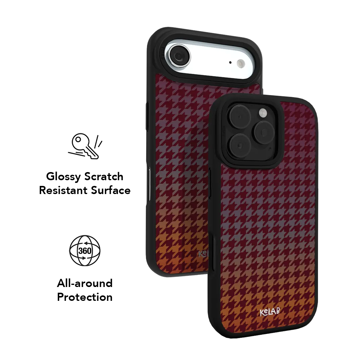 Burgundy houndstooth textile KELAB iPhone Case with black protective bumper and lens openings