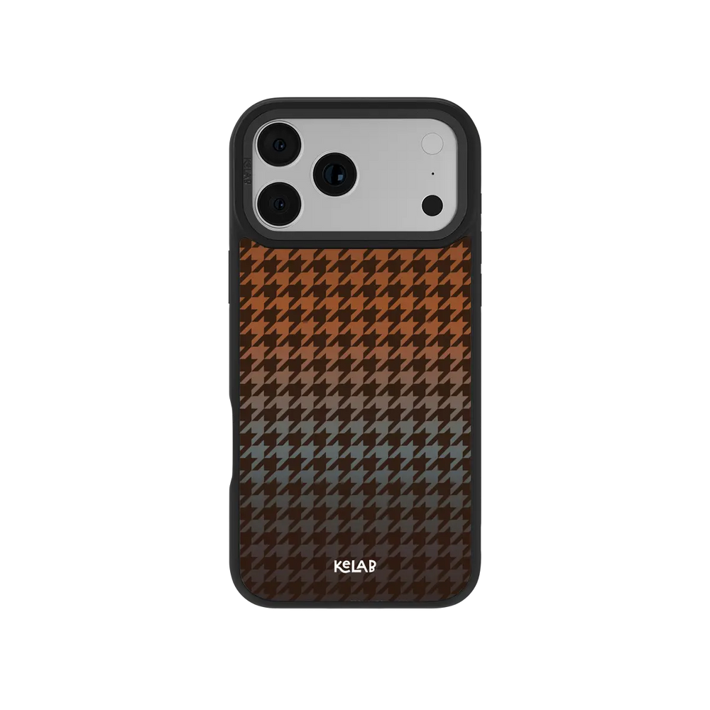 Brown orange KELAB iPhone Case with houndstooth pattern and gradient textile back cover