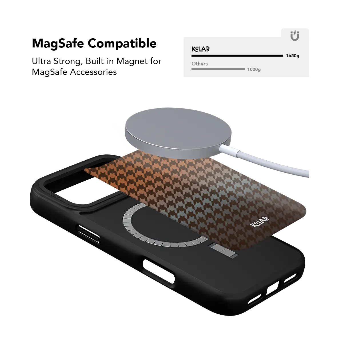 Brown houndstooth KELAB iPhone Case black textured base with chrome MagSafe ring