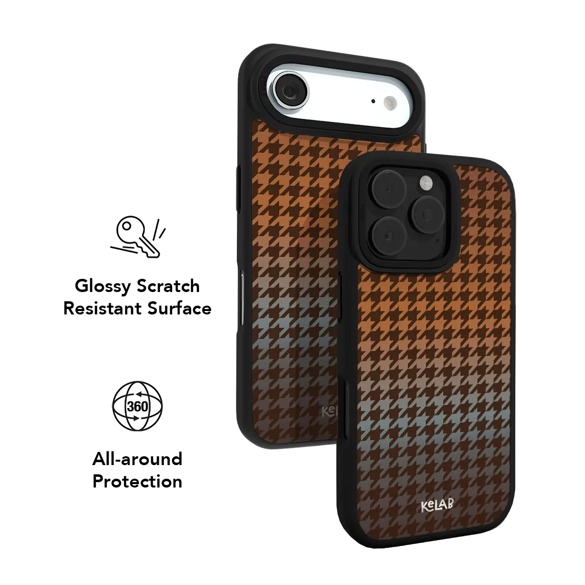 Brown and black KELAB iPhone Case with houndstooth textile pattern and raised camera edge