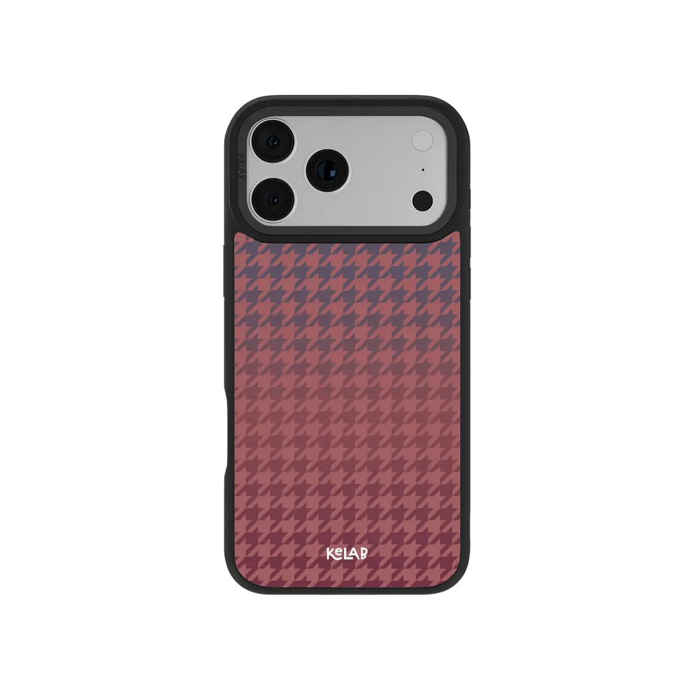 Gradient houndstooth KELAB iPhone Case red textured back with raised edges and camera openings