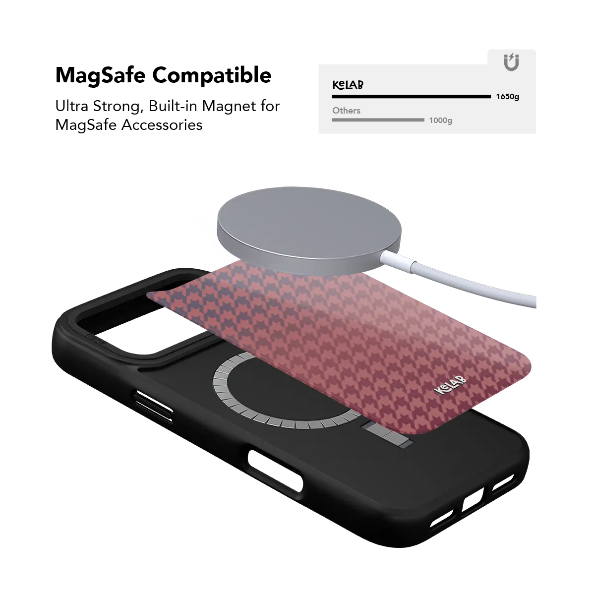 Houndstooth pink and black KELAB iPhone Case with MagSafe ring on a textured fabric finish