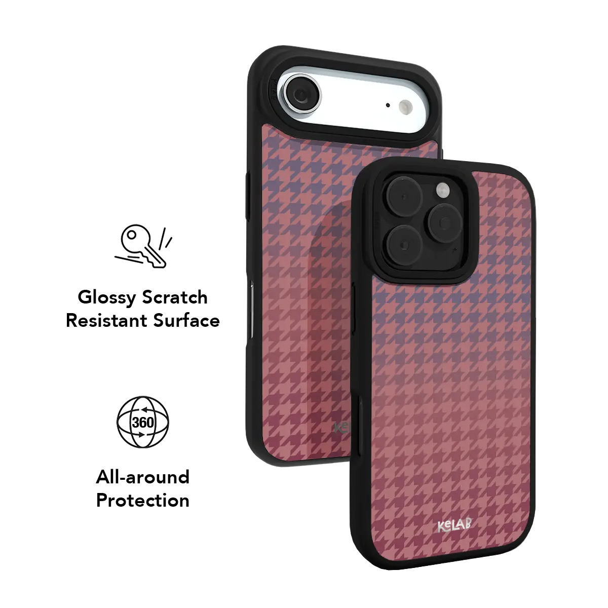 Pink houndstooth KELAB iPhone Case with black bumper and textured logo on the back