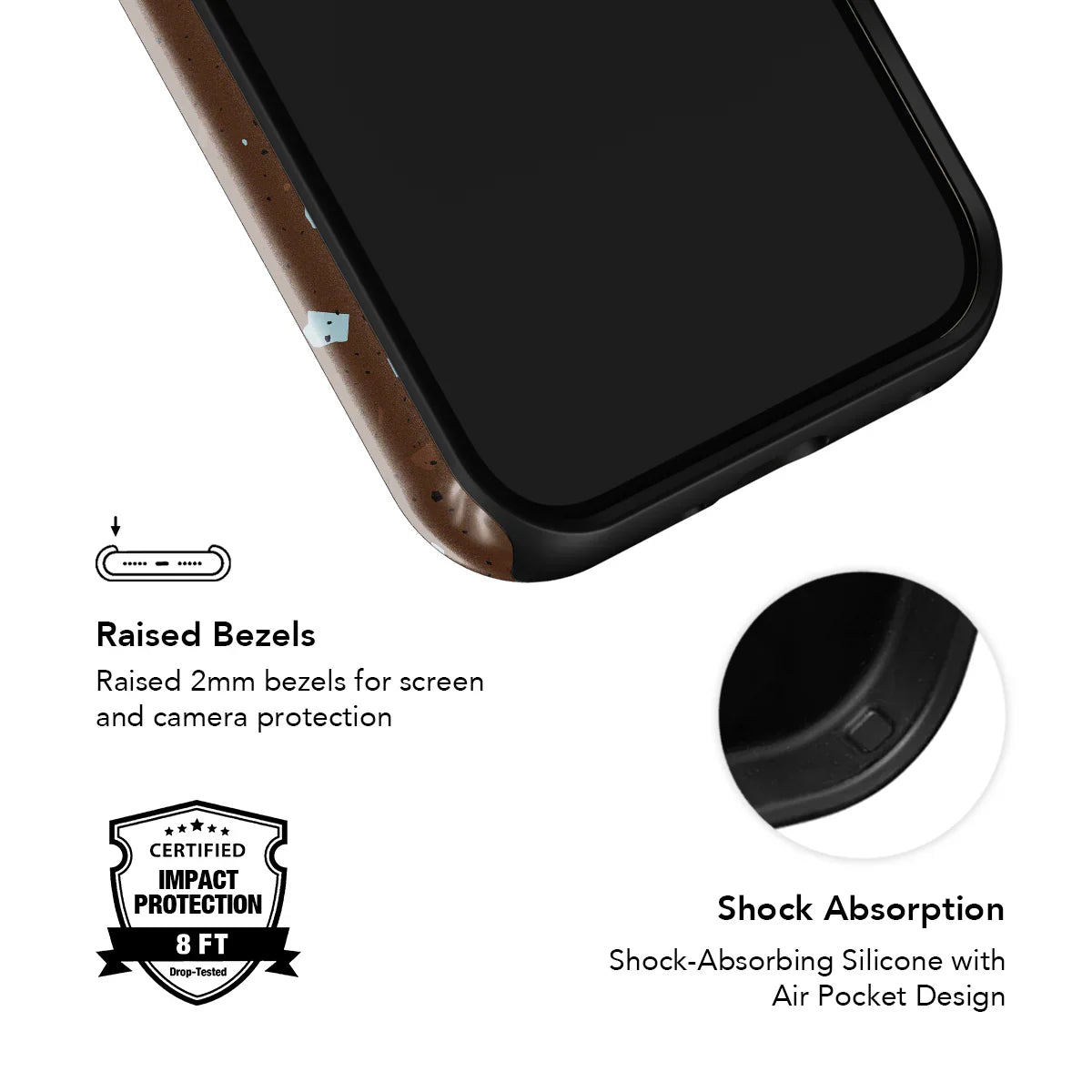 KELAB cocoa terrazzo phone case with raised bezels and shock-absorbing silicone. Certified 8ft impact protection for iPhones.