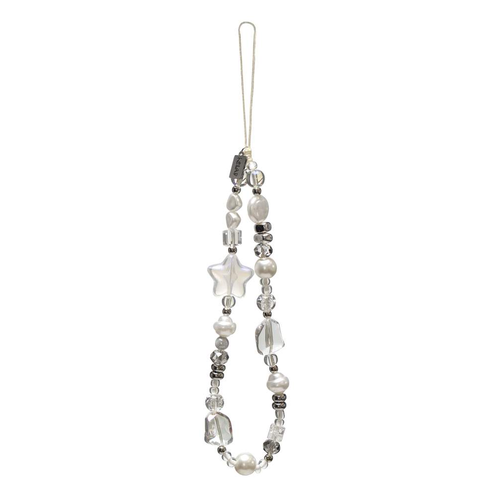 Cosmic Pearl phone charm by KELAB featuring frosted star, iridescent pearls, and crystal-clear beads in a celestial silver aesthetic.
