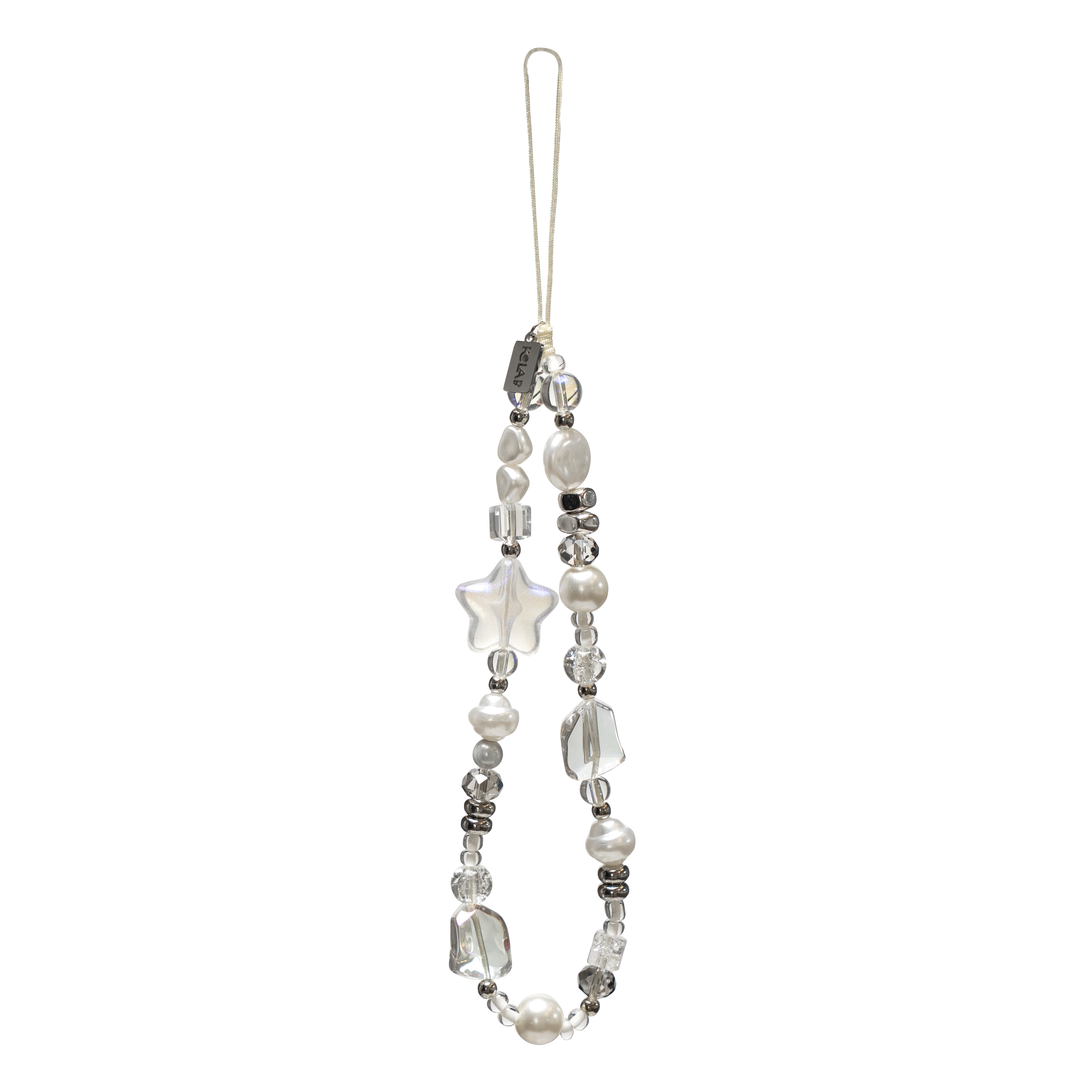 Cosmic Pearl phone charm by KELAB featuring frosted star, iridescent pearls, and crystal-clear beads in a celestial silver aesthetic.