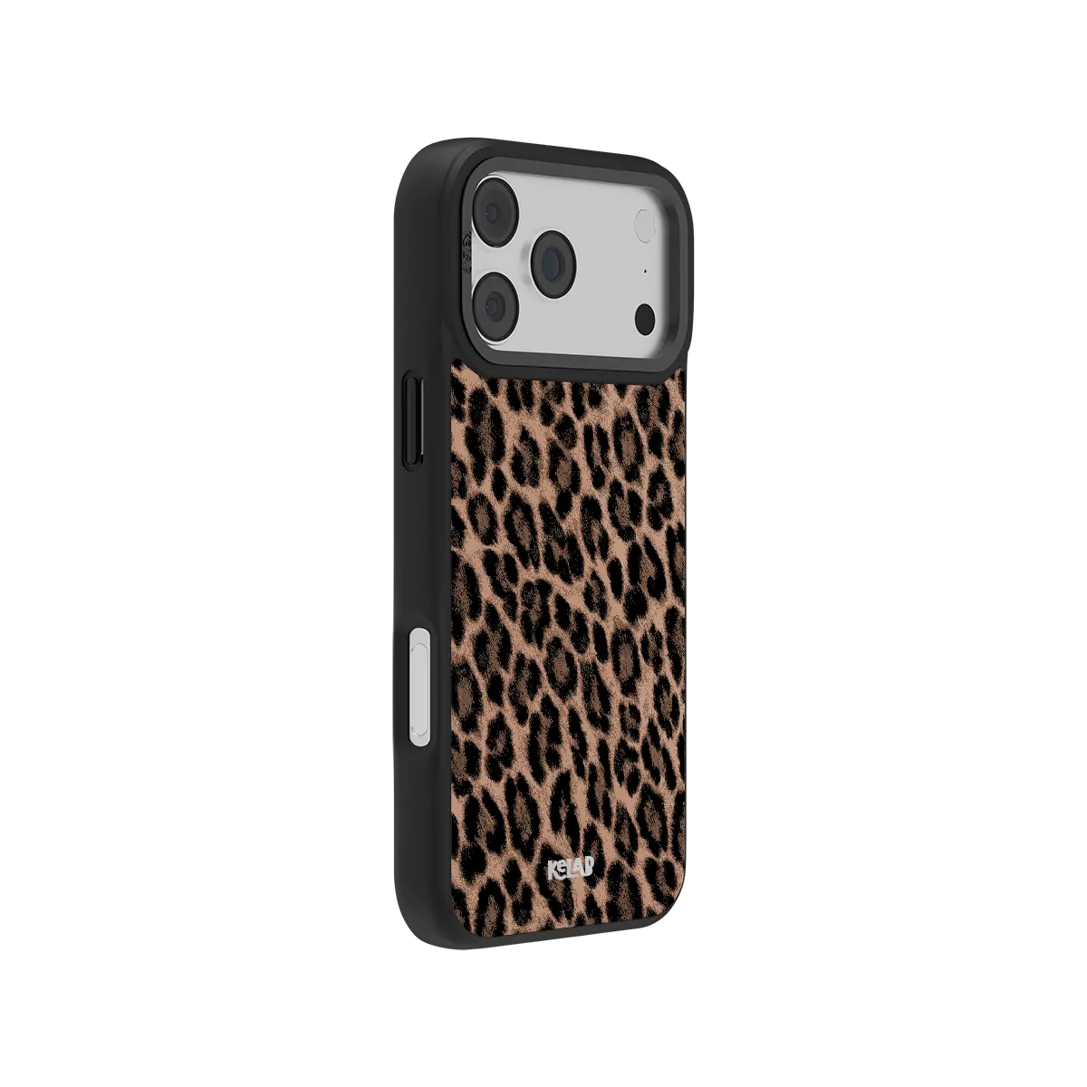 Brown leopard print iPhone case shown from the side with raised protective edges and side button access.