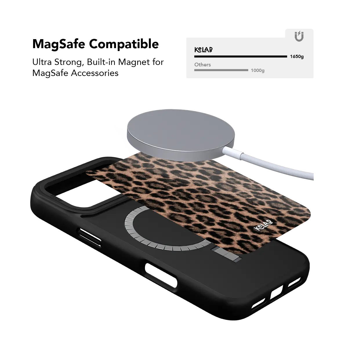 MagSafe compatible brown leopard print iPhone case with built-in N52 magnets for strong magnetic hold.