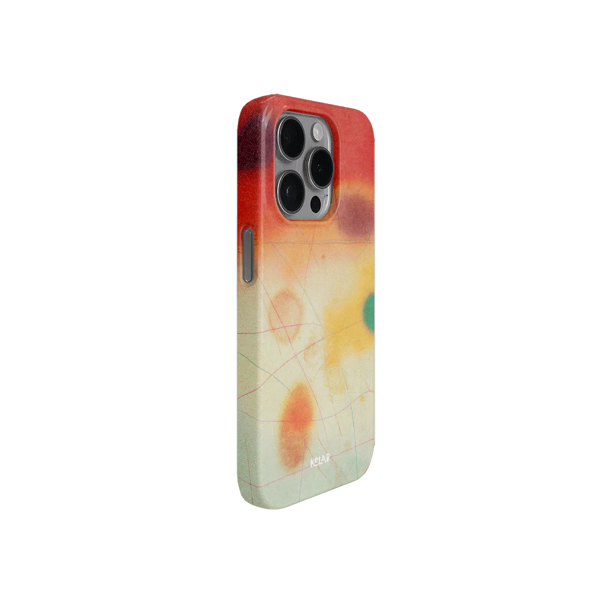 Side angle of KELAB’s colorful red phone case with warm tones and abstract design, combining style and protection for iPhones.