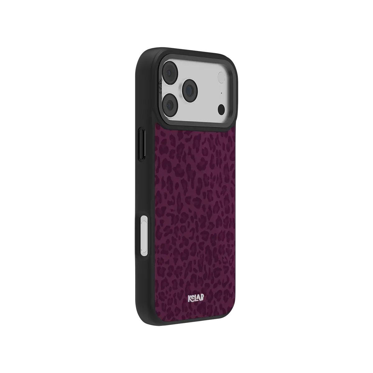 Dark Cherry leopard print iPhone case shown from the side with raised protective edges.