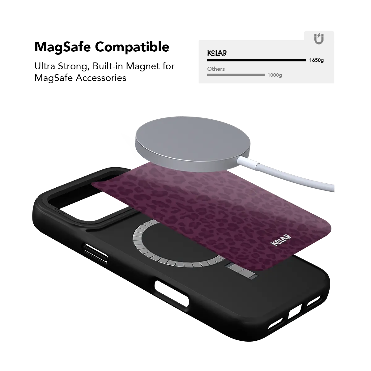 MagSafe compatible Dark Cherry leopard print iPhone case with built-in N52 magnets.