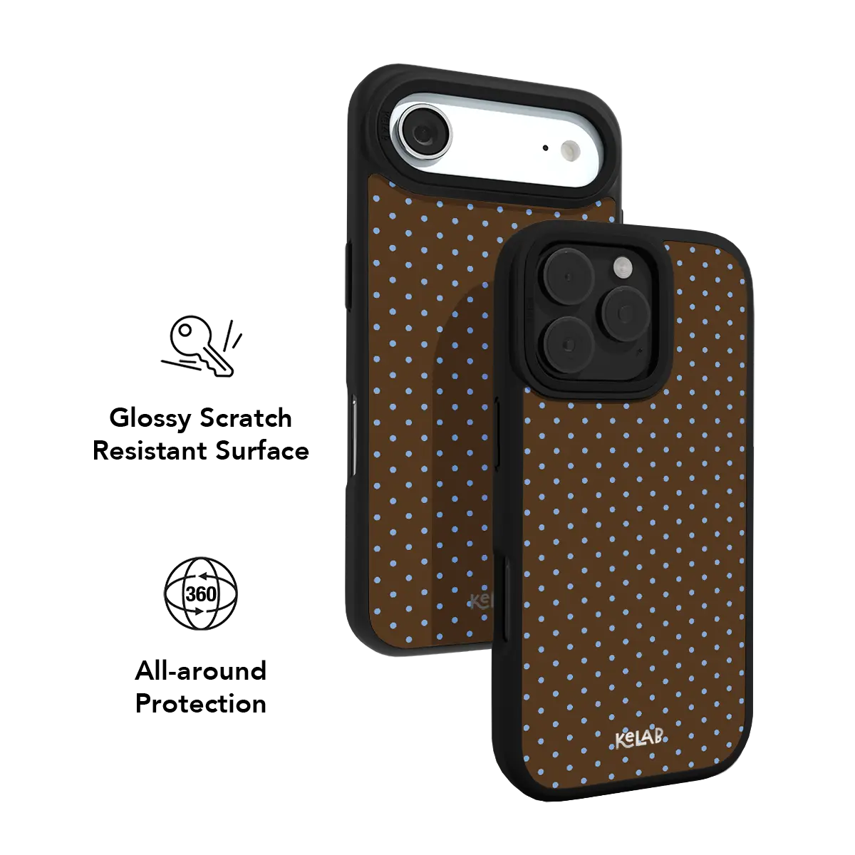 Brown KELAB iPhone Case with Polka Dot blue dots and Magsafe ring, black bumper edges