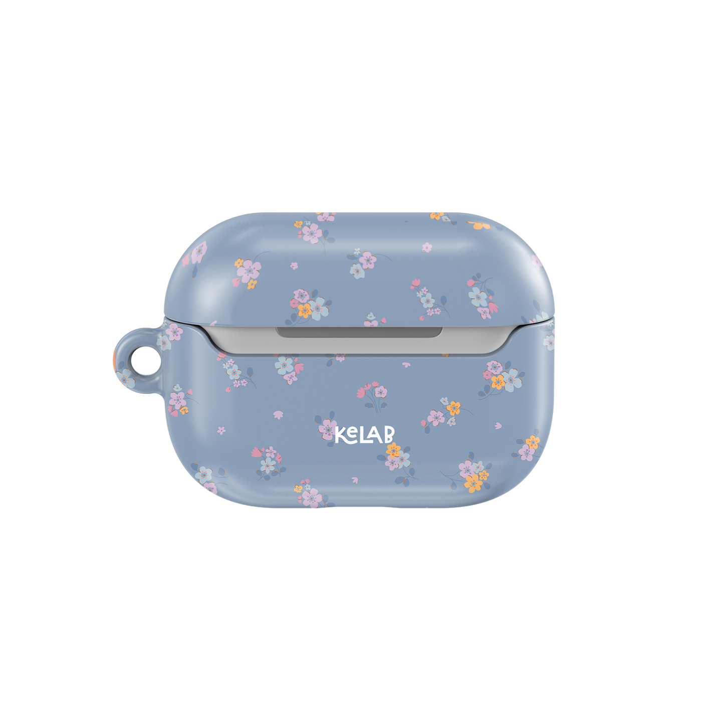 Pastel Blue Floral Bouquet AirPods Case by KELAB featuring tiny pink and yellow flowers on a soft blue background, perfect for a girly spring look.