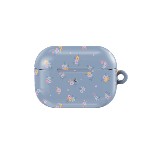 Pastel Blue Floral Bouquet AirPods Case by KELAB with tiny multicolor flowers on a soft blue background. Aesthetic and durable headphone accessory.