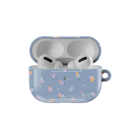 Pastel Blue Floral Bouquet AirPods Case by KELAB features a soft blue base with delicate pink and yellow flower clusters. Aesthetic and durable fit for AirPods Pro.