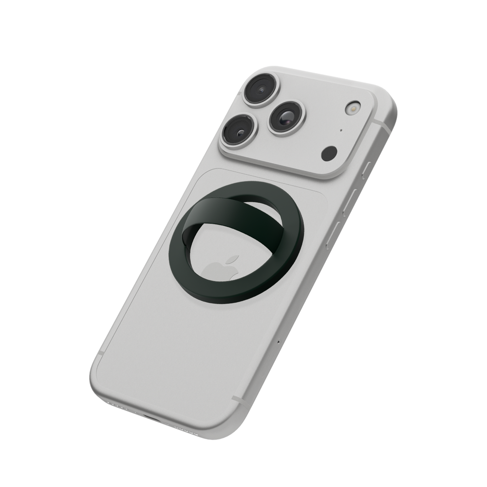 Dark green MagSafe loop grip attached to the back of an iPhone