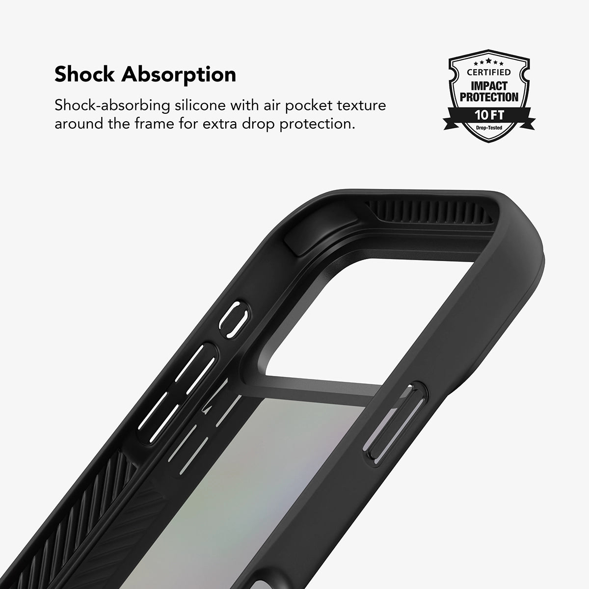 Black iPhone case made from durable TPU with textured grip and air pockets for premium drop protection