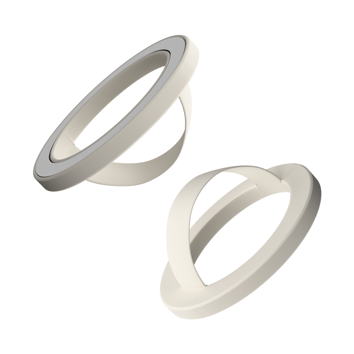 Front and back of the ivory matte liquid silicone magnetic ring and finger loop