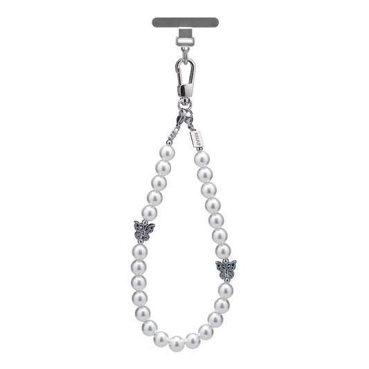 Elegant white pearl phone charm with silver clasp and ornate embellishments for a chic accessory.